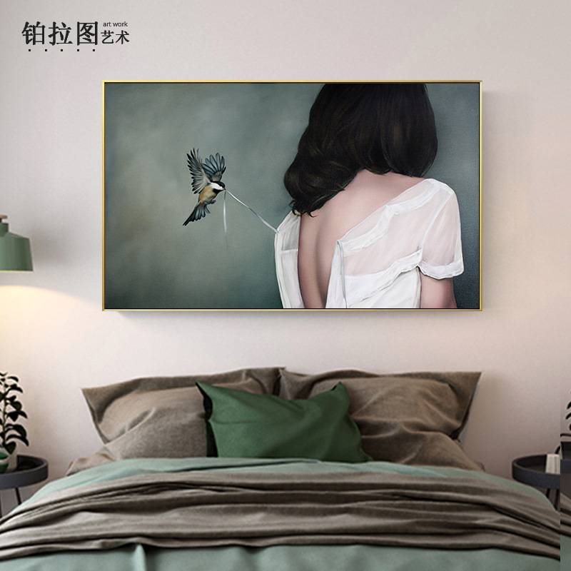 卧室床头装饰画超现实主义美女人物背影艺术油画黑白个性酒店挂画图片