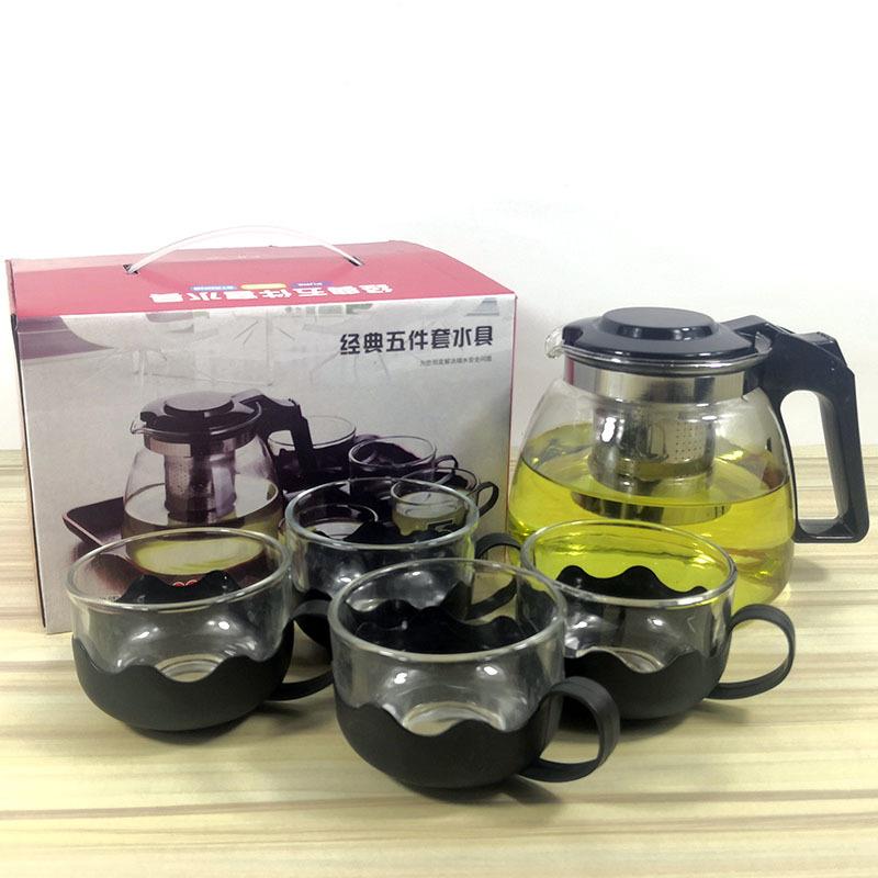厂家直销新款茶具泡茶壶五件套 耐热玻璃水壶 花茶壶套装印制