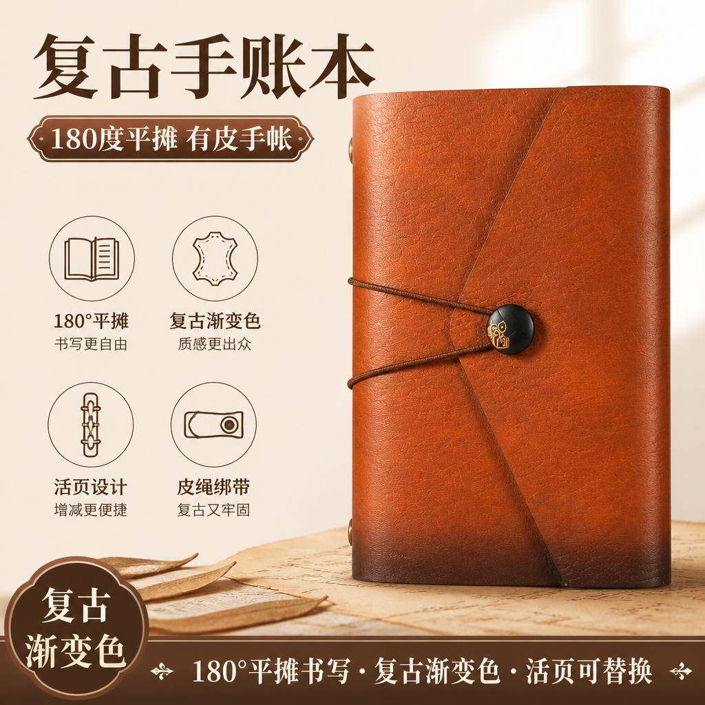 有皮手帐软皮封面活页夹复古渐变色旅行露营办公携带平摊顺滑内芯