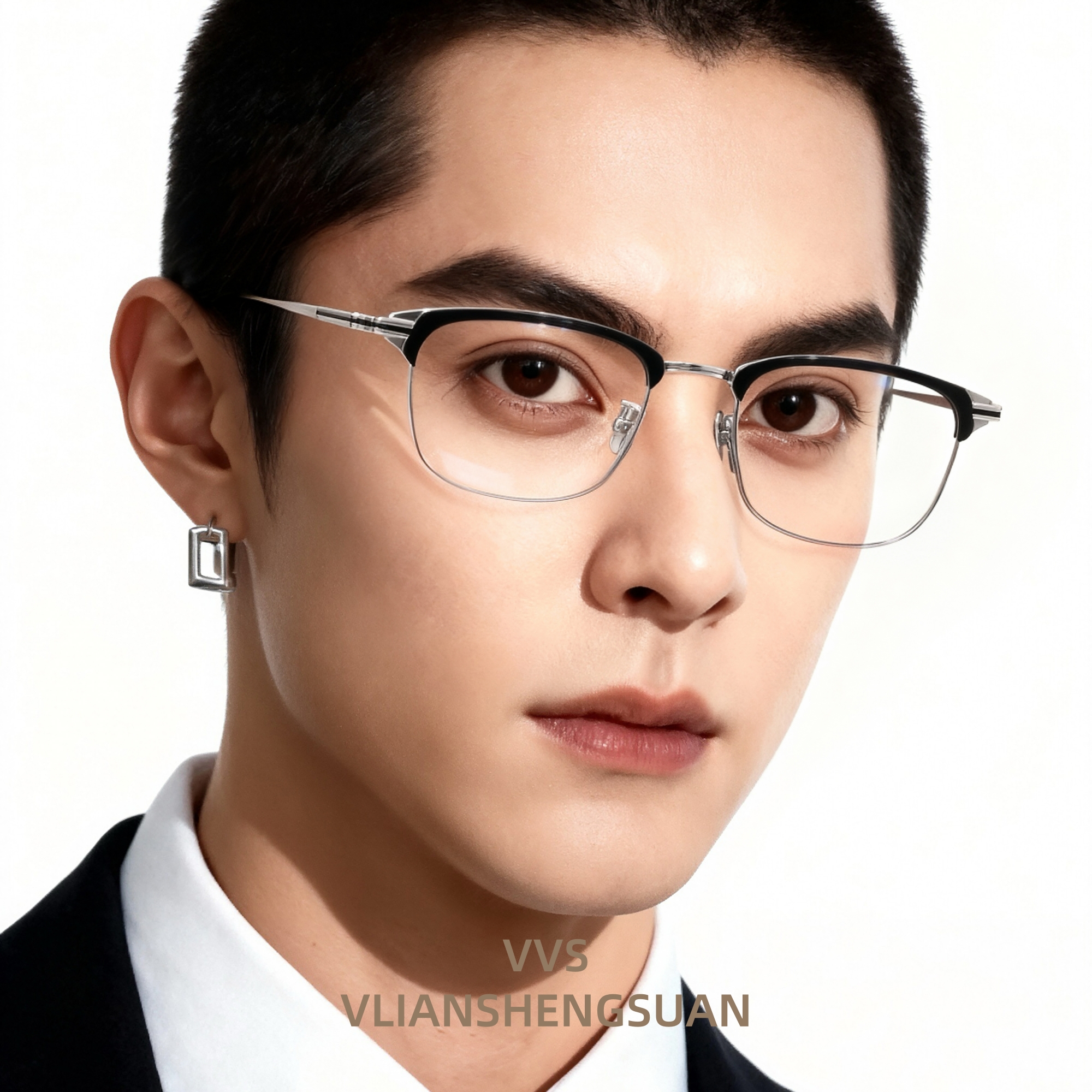 VVS眼镜超轻纯钛近视眼镜框男款斯文气质眉线框全框银色时尚S655