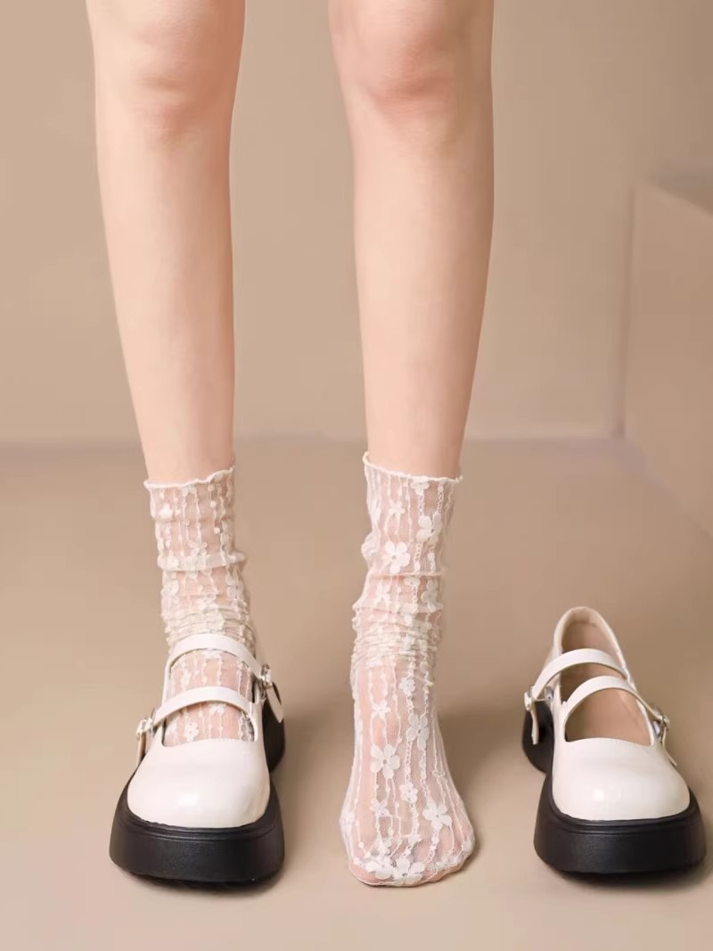 白色蕾丝袜子女夏季薄款玛丽珍网纱堆堆袜中筒甜美lolita百搭丝袜