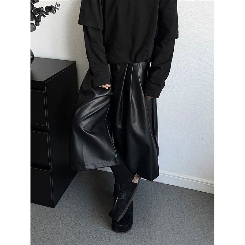 暗黑小众简约七分皮裤中裤s2025春夏男女百搭宽松休闲直筒阔腿裤