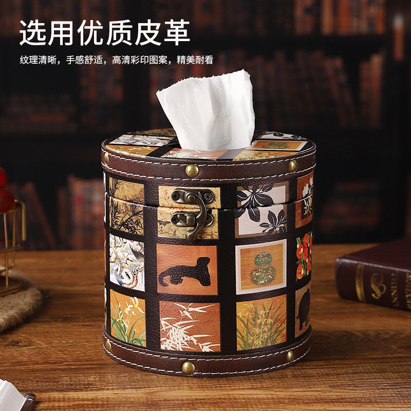 中古风圆筒纸巾盒客厅家用饭厅桌面A卷筒卫生纸筒盒高档化妆室皮