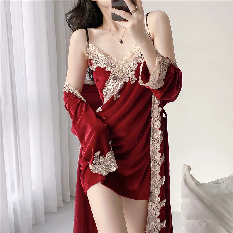 金丝绒睡衣女f性感2023年春秋冬季新款吊带睡裙睡袍两件套装家居