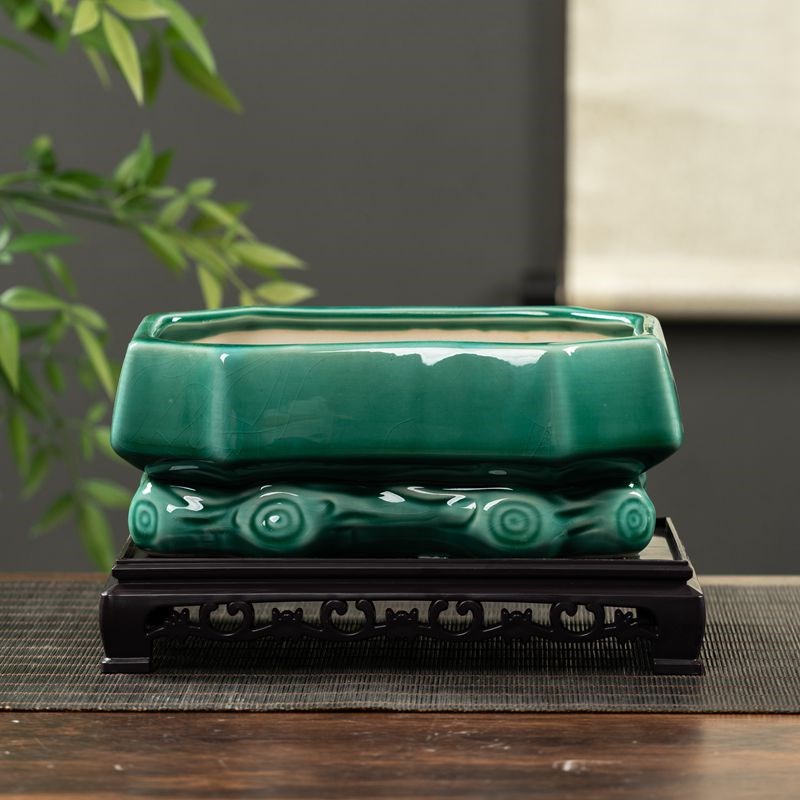 花盆盆景陶瓷长方马槽复古哥窑透气大口径M桌面绿植迎客松文竹吊