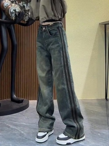 2025春季新h款复古绿牛仔裤女水洗做旧小众梨形身材高腰显瘦阔腿