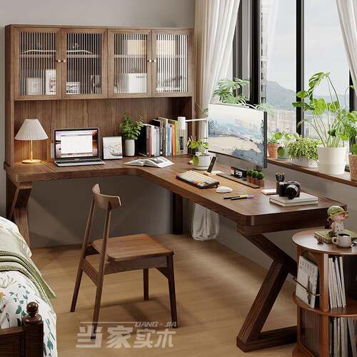 ll实木转角书桌书柜书架一体桌学习桌l型成人家用写字桌台式电脑