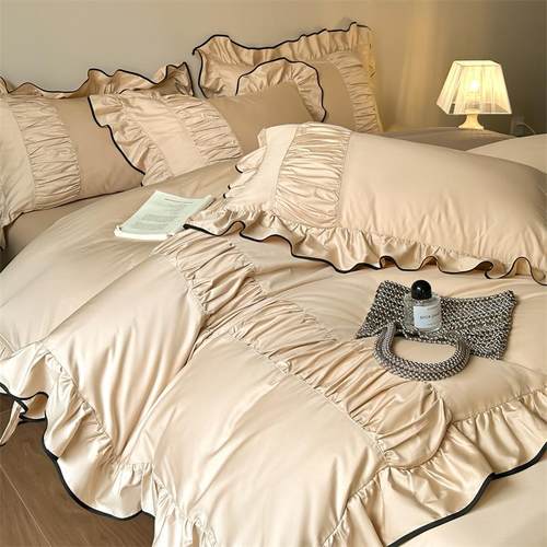 法式复古感120支长绒棉四件套纯棉褶皱花边被套床单床品4