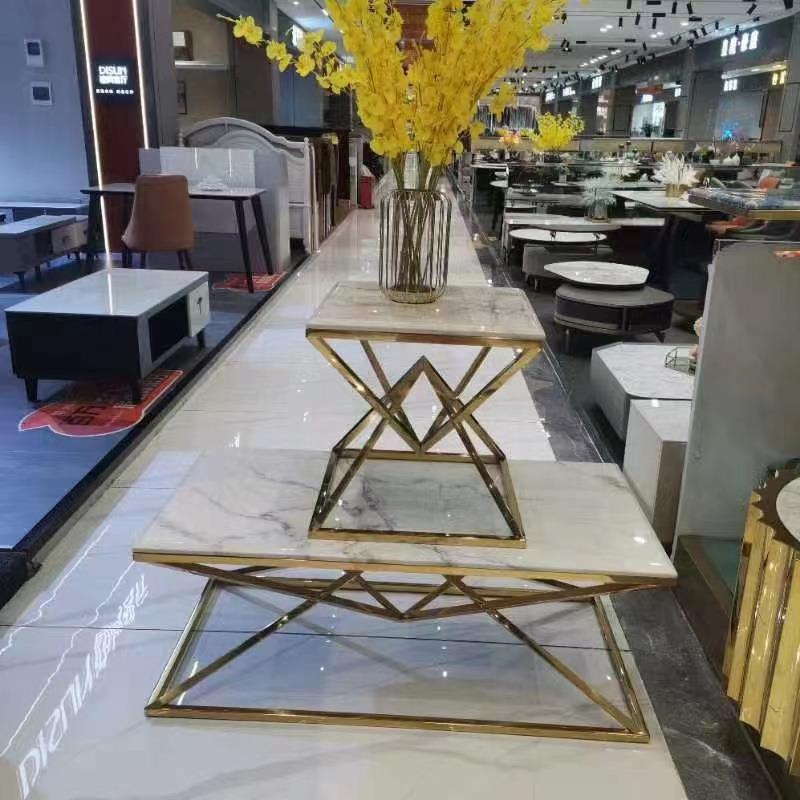 供应高低管镂空金色餐桌架办公家具钻石组合展示台不锈钢茶几