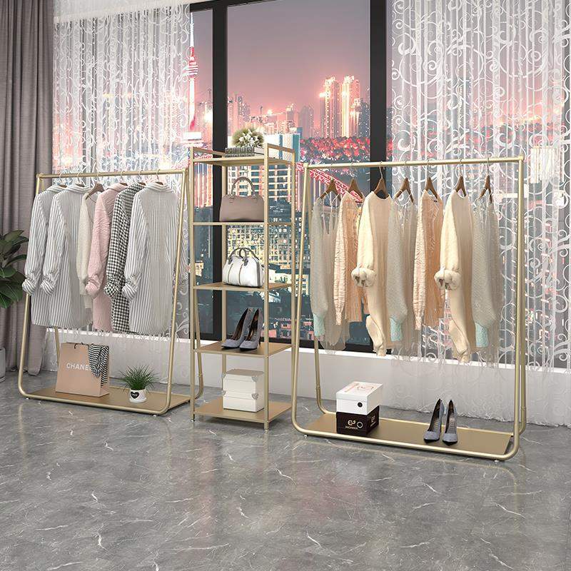 服装店展示架金色挂衣架晾衣架女装落地式带板移动陈列货架带轮子