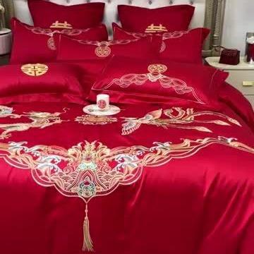 婚庆四件套全棉喜被大红简约刺绣新结婚房嫁礼床笠单床上用品喜庆