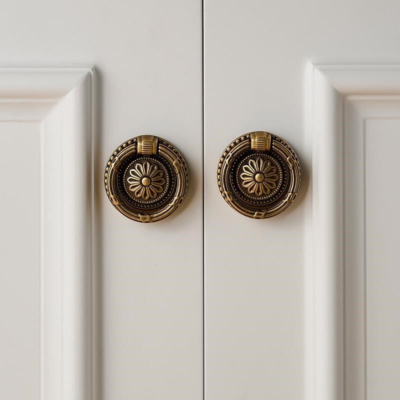 屿铜法式黄铜拉手复古风橱柜抽屉衣柜门纯铜单孔柜子圆形拉环把手