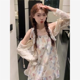 森系甜美碎花超仙气质遮肉t吊带短裙子夏季 两件 新款 百搭镂空开衫