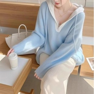 特大码 打底上衣 e300斤蓝色连帽毛衣女秋冬胖mm慵懒风宽松针织衫