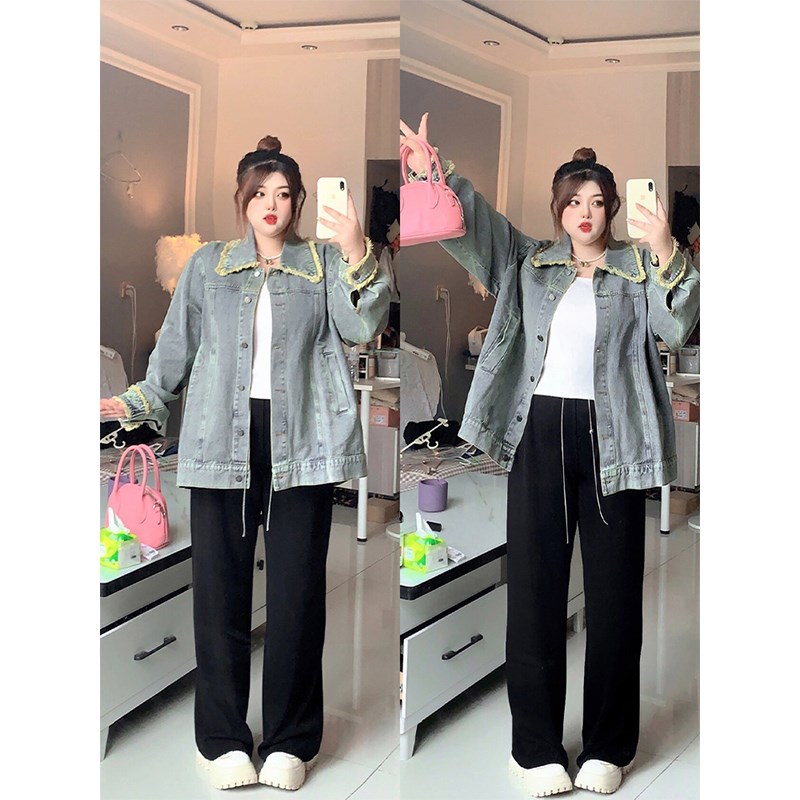 大码女装复古做旧牛仔外套女胖mm春季新款休闲显T瘦毛边夹克上衣