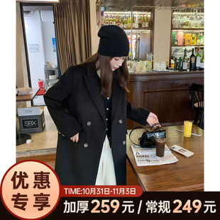 呢子大衣 毛呢外套女2022秋冬新款 黑x色赫本风中长款 大码 宽松韩版