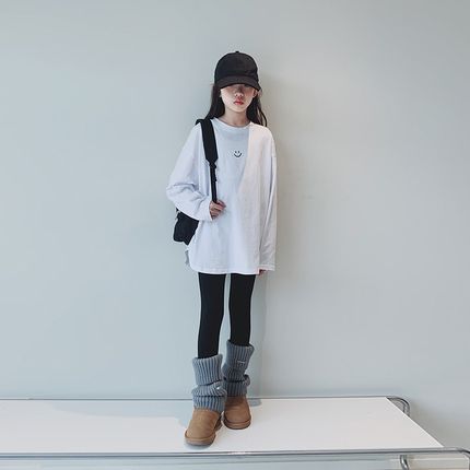 女大童T恤2024秋装新款初中生C女孩简约长袖上衣宽松休闲打底衫潮