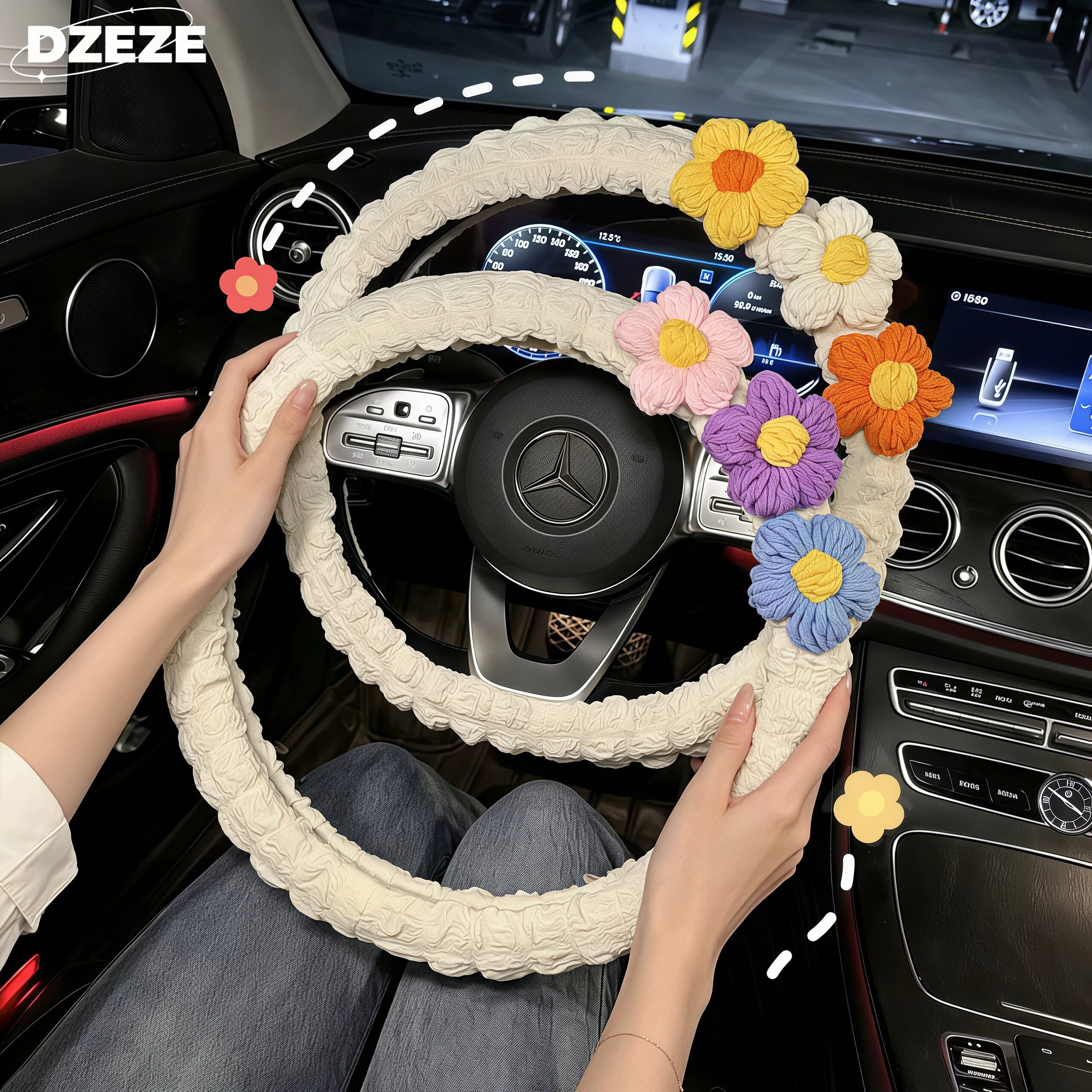 女士高级感方向盘套2026新款夏季防滑吸汗可爱泡芙刺绣通用车把套