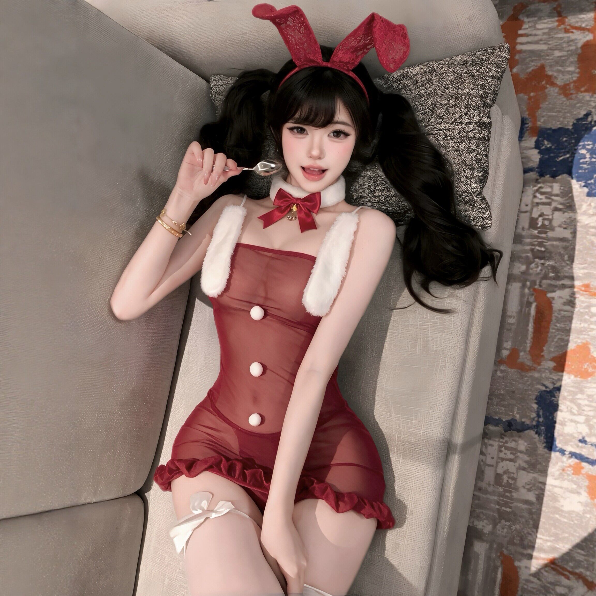 情趣内衣圣诞节兔女郎纯欲包臀制服透视诱惑房事约会调情大尺度女