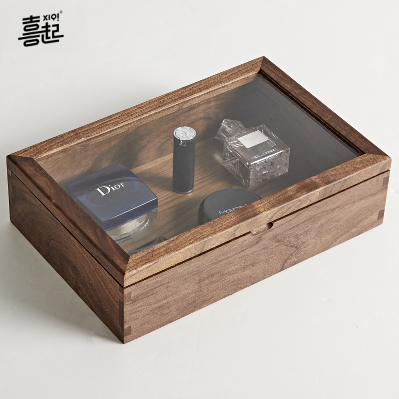 喜起黑胡桃实木桌面防q尘收纳盒透明玻璃展示盒木质首饰标本陈列