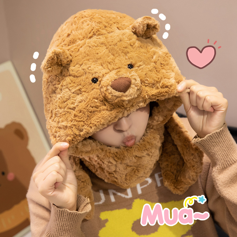 卡通冬季保暖大熊猫帽子头套巴塞罗熊小熊围巾帽子一体女生日礼物