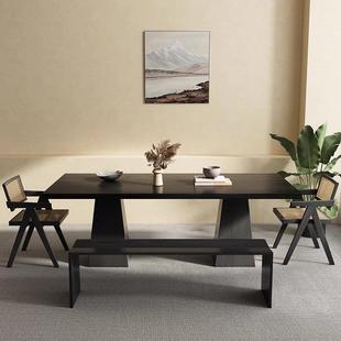黑色实木桌现代餐简约茶桌家用原木长A6298形饭方佛山家具 新中式