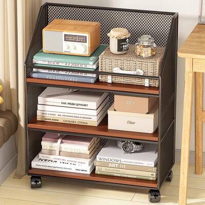 桌边书架置物架落地多层书本收纳架桌旁小型书柜儿童可移动小推车