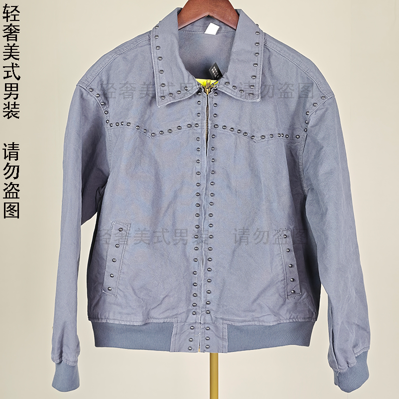 【日本冈山】美式复古牛仔外套男宽松翻领铆钉装饰长袖夹克上衣,男装,牛仔外套,淘宝优惠券,粉丝福利购,淘宝优惠卷