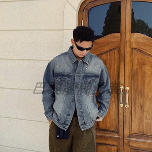 【日本冈山】巴黎风格HIM汉崇牛仔外套男女个性泼墨宽松休闲夹克