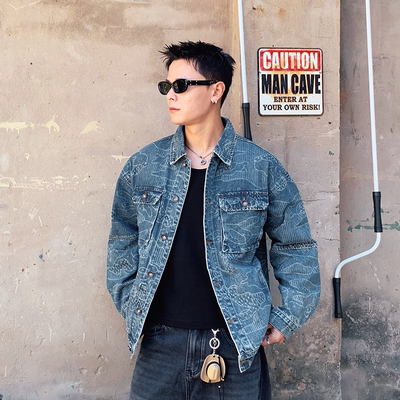 美式潮流复古涂鸦工艺牛仔外套