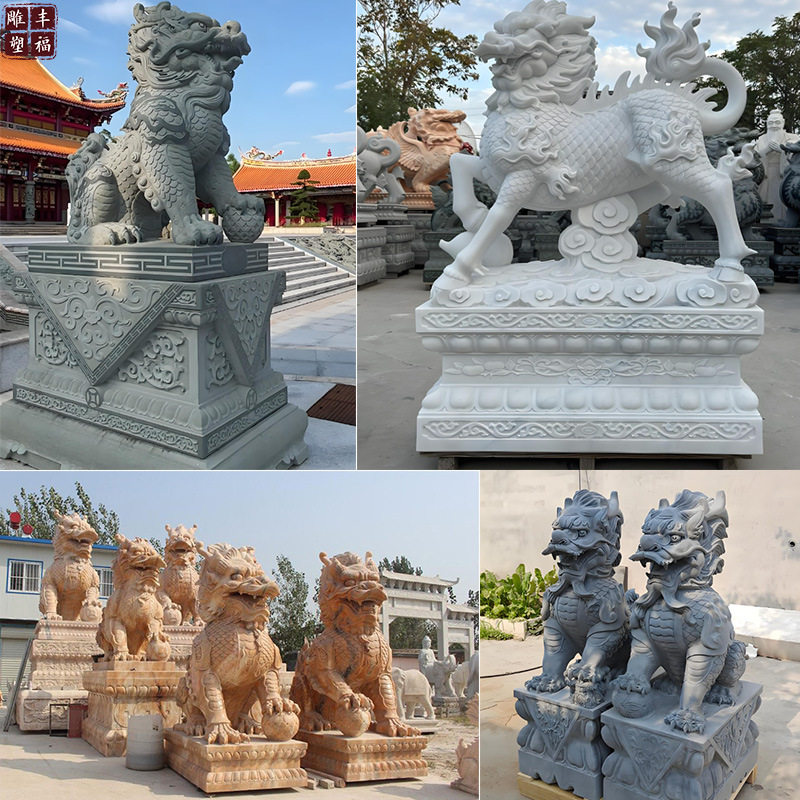 现货厂家 大理石动物麒麟雕塑一对 家居门口摆件石雕麒麟雕塑