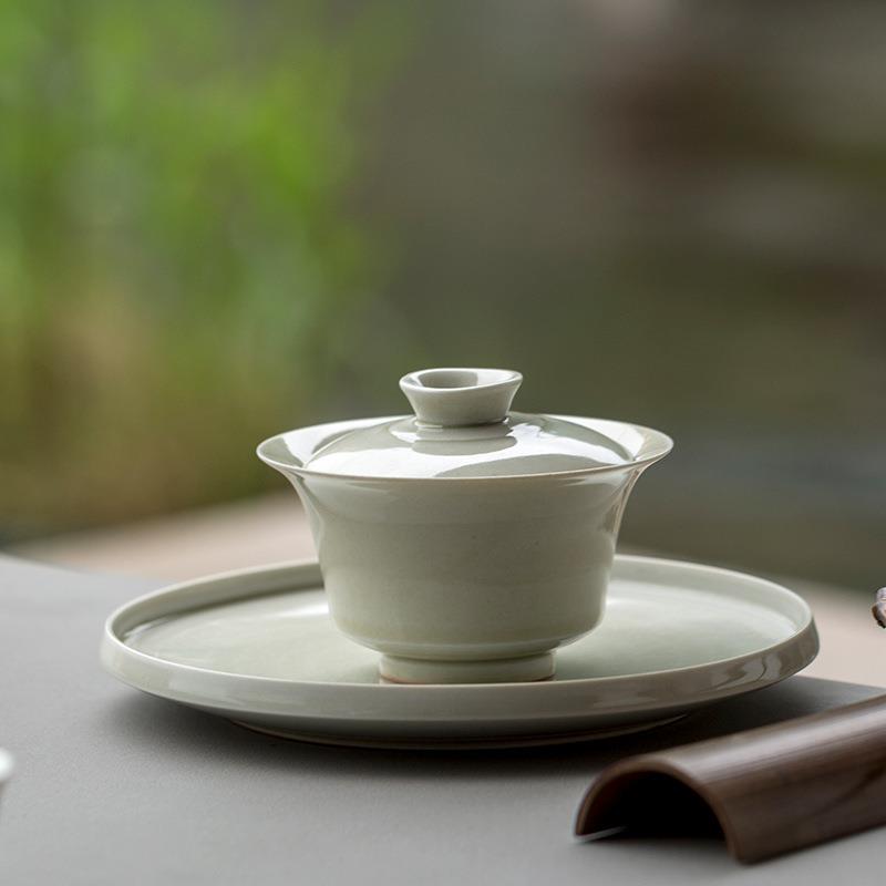 草木灰手工陶瓷盖碗带壶承 不烫手 仿古青釉盖碗 三才泡茶碗 茶具