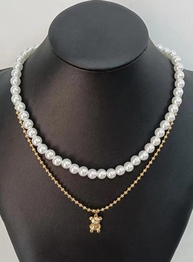 欧美流行饰品 简约珍珠项链 时尚男女士小熊吊坠分层项链