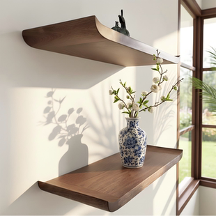 中式黑胡桃木色墙上置物架实木置物板一字板玄关隔板支架壁挂式