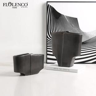 饰工艺品 创意极简复古素黑双瓣陶瓷花瓶样板房玄关客厅插花家居装