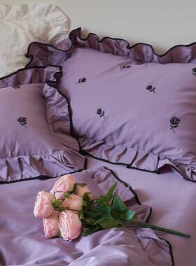浪漫重生｜法式复古紫色玫瑰全棉100支长绒棉四件套唯美花边床品