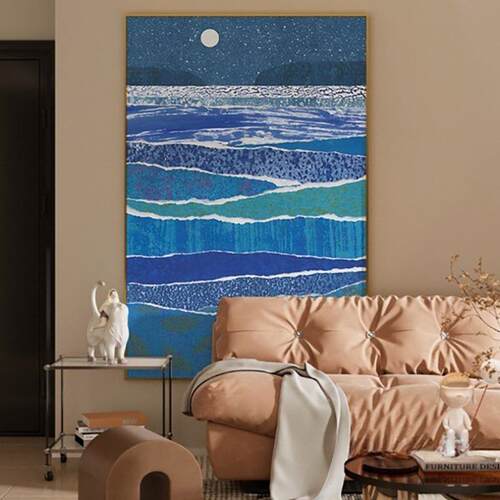 现代简约蓝色海浪高端风景客厅餐厅玄关装饰画卧室壁画竖版挂画