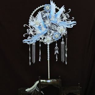 新品 高级质感遮面白月光蓝仙鹤成品手工团扇 蓝色系喜扇秀禾服中式