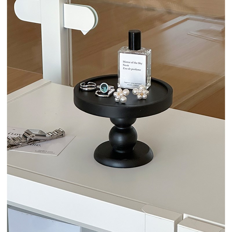 黑色复古木质香薰托盘摆件玄关z收纳盘置物盘圆形高脚首饰展示架