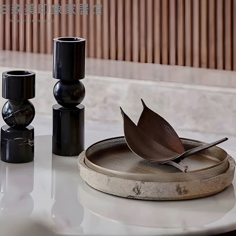 现代轻奢样d板间客厅茶几果盘大理石烛台摆件云石花器香薰组合装