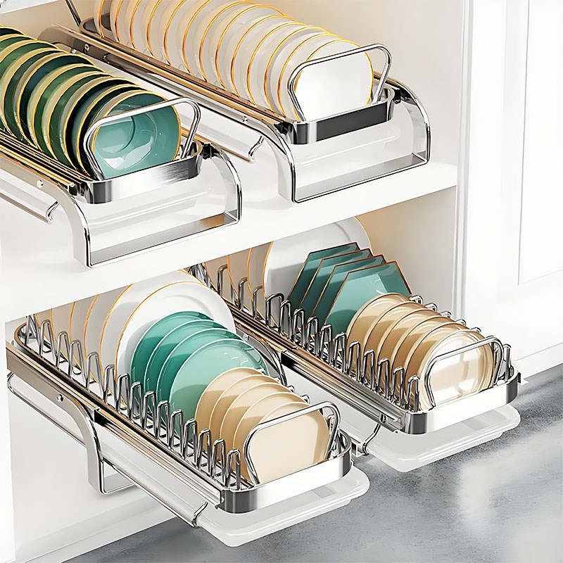不锈钢厨房抽拉碗碟置物架柜内置物G架碗盘分层碗架抽拉沥水架