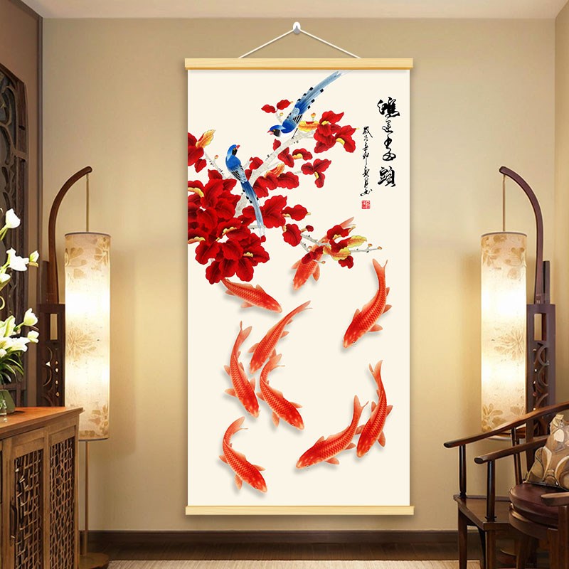 九鱼图玄b关装饰画年年有鱼图年画家和万事兴客厅招财挂画油画国