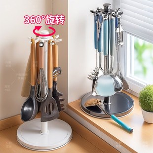 旋转锅铲架台面家用厨房多功能挂钩置物勺子铲子厨具沥水收纳挂架
