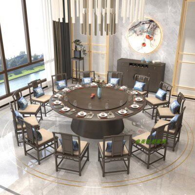 酒店电动餐桌大圆桌新中式圆桌带转盘12人餐厅包厢20人宴会餐桌