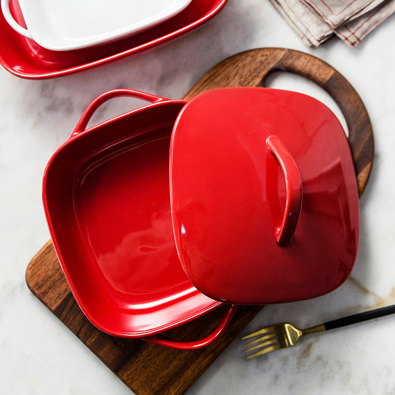 烤碗双耳芝士焗饭烤盘带盖陶瓷餐具长方形大号盘子家用烘焙烤箱