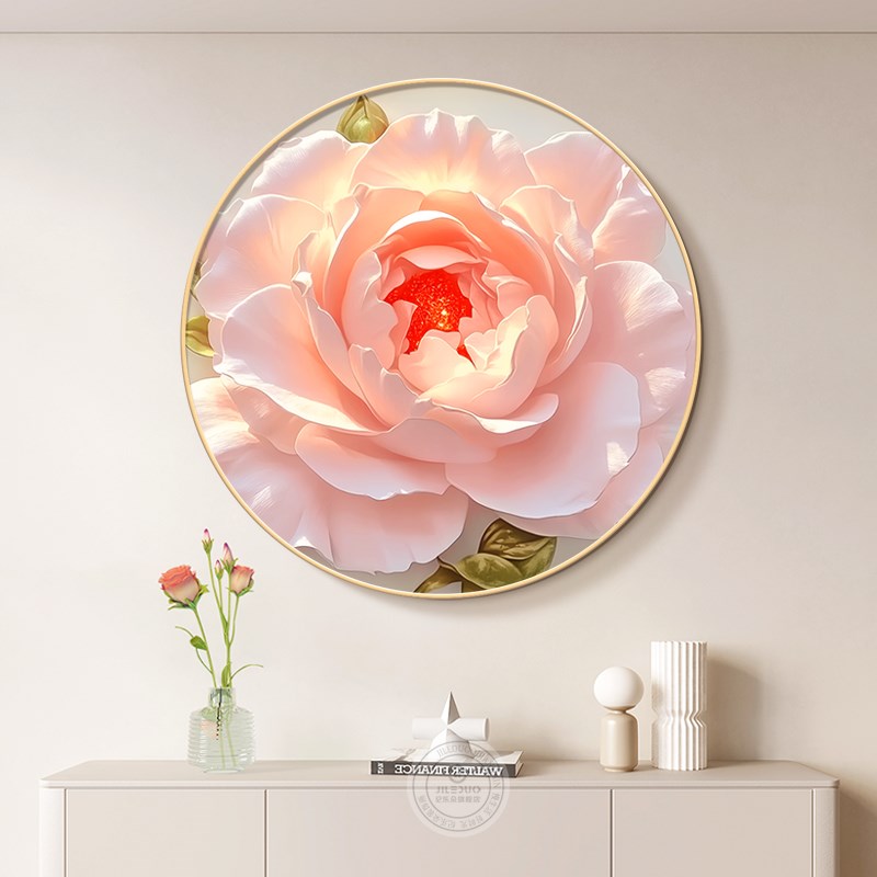 牡丹花圆形挂画奶油风客厅玄关装饰画花开富贵高级感卧室床头壁画图片
