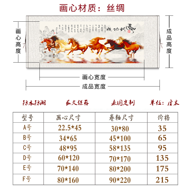 办公室横版马到成功卷轴挂画客厅沙发背景墙字画八骏图卷轴装饰画