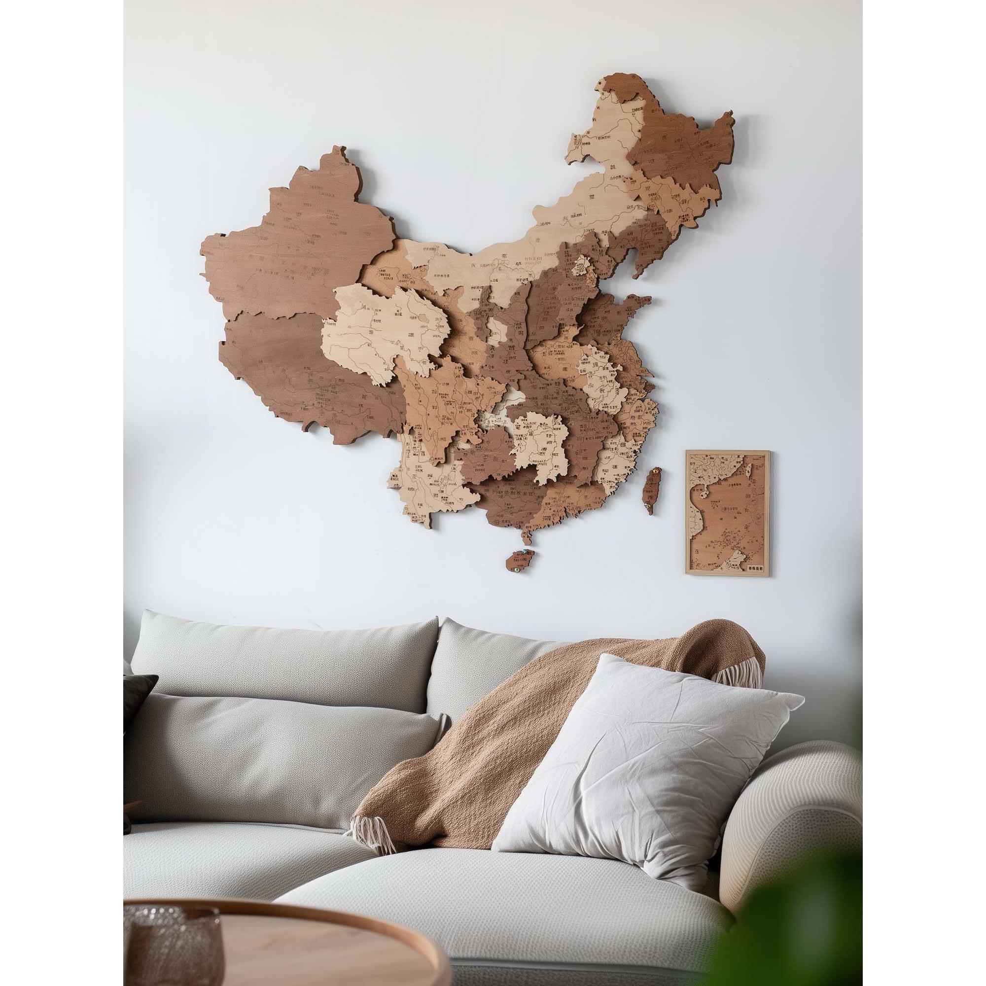 梯木叠雕木质创意地图中国墙面装饰3d立体装饰画简约创意挂画壁饰