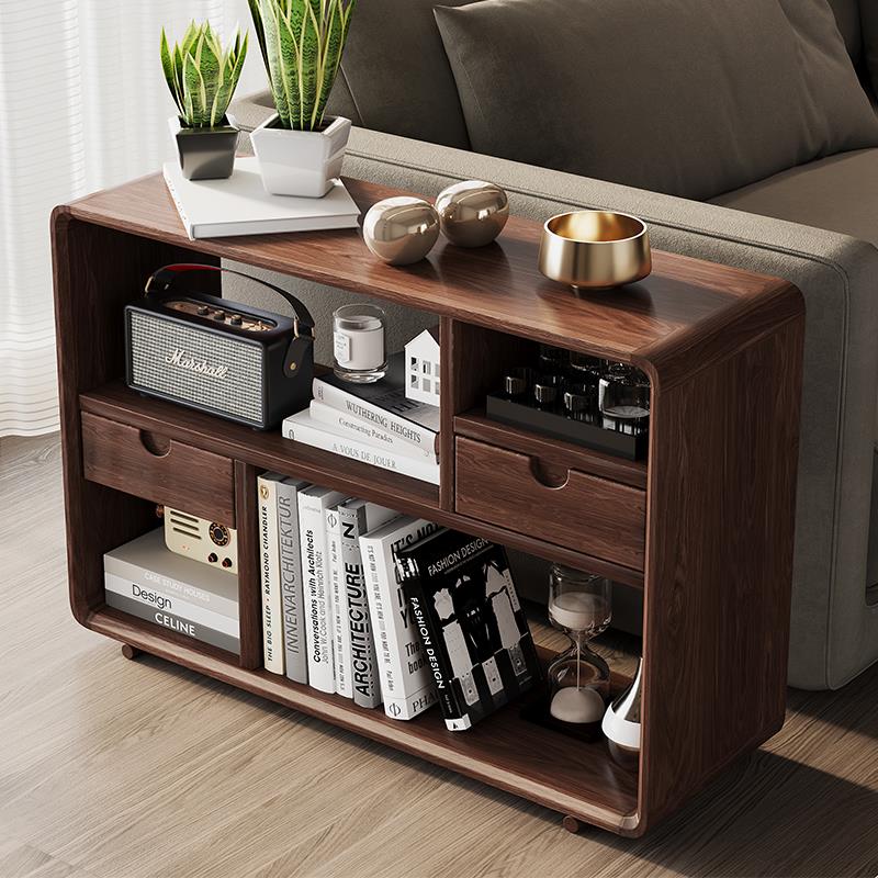 北美黑胡桃实木小书架北欧客厅沙发侧边柜小边几收纳柜现代储物架