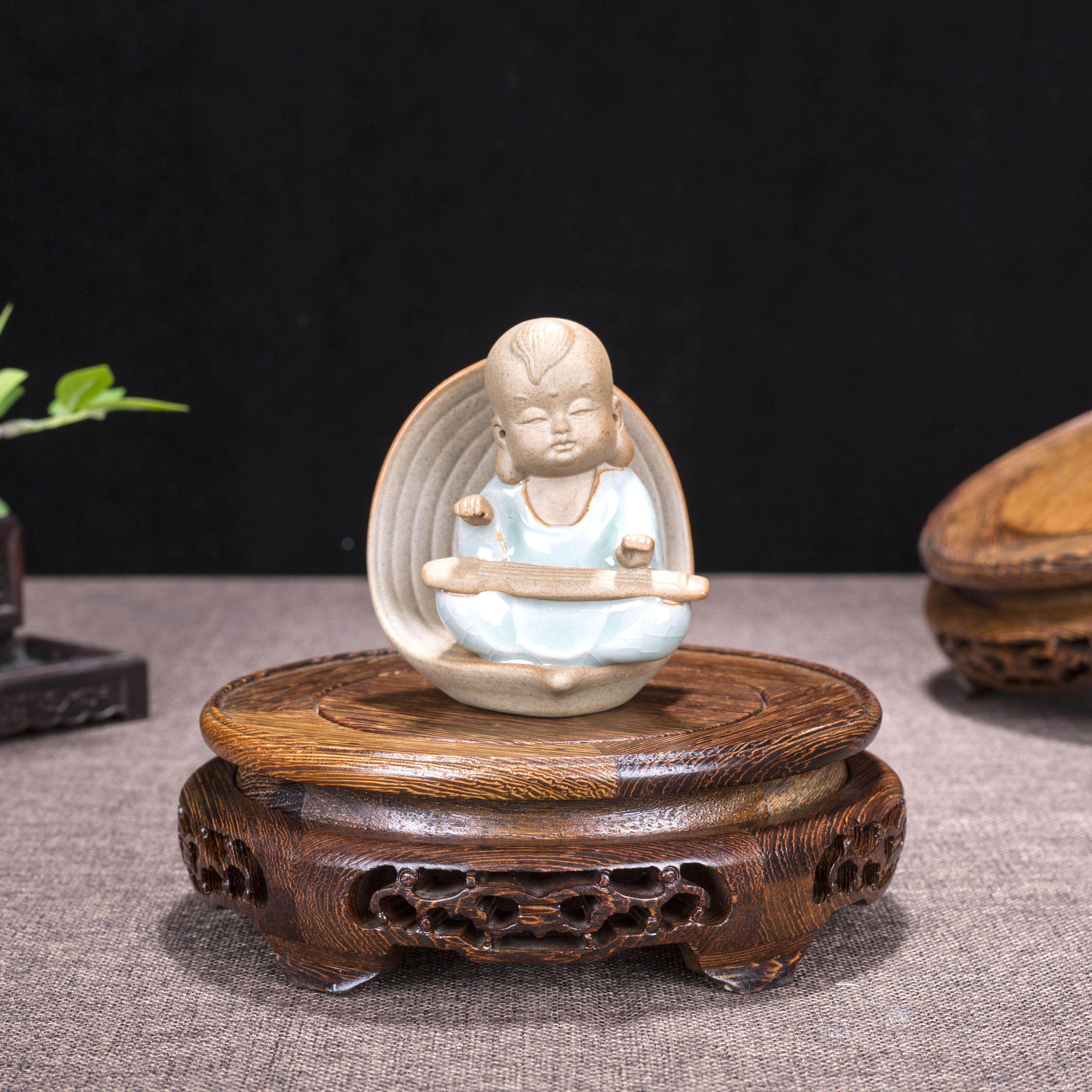 圆形鱼缸鸡翅木摆件底座佛像石头盆载陶瓷花瓶香炉红木质托盘架子
